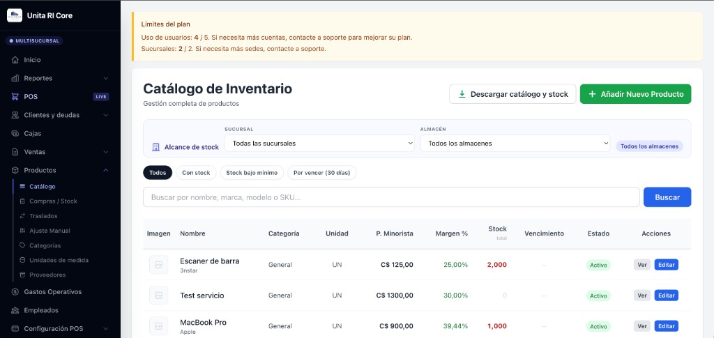 Catálogo de inventario con productos, stock y márgenes