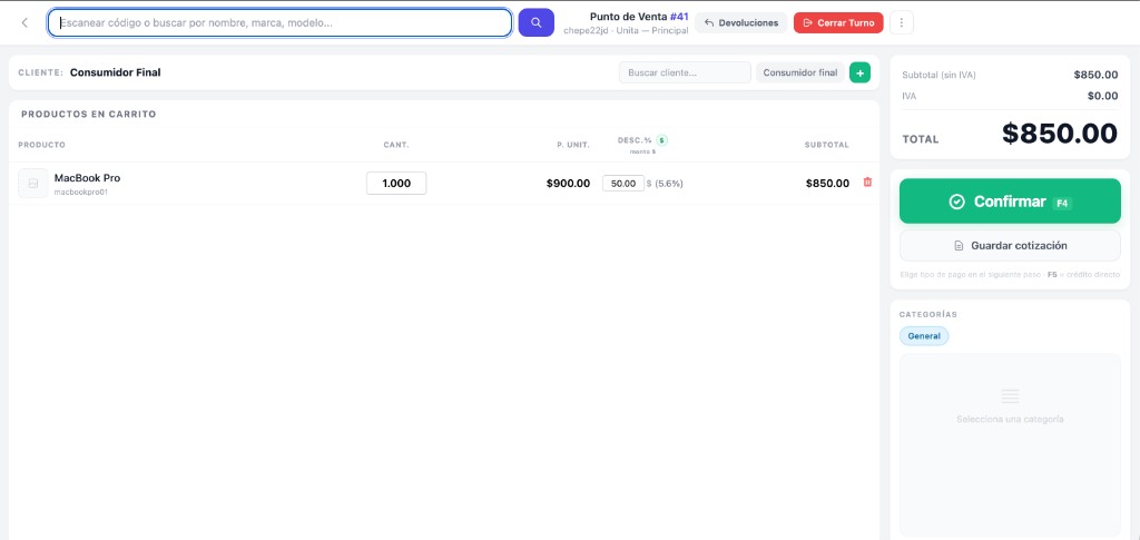 Punto de venta de Mi Inventario SaaS con carrito, descuentos y confirmación de venta